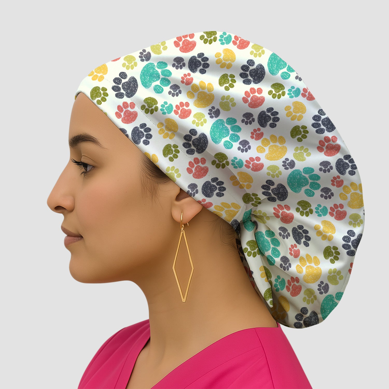 Colorful Paw Print Animal Pattern Scrub Cap, Bouffant Scrub Caps for Women