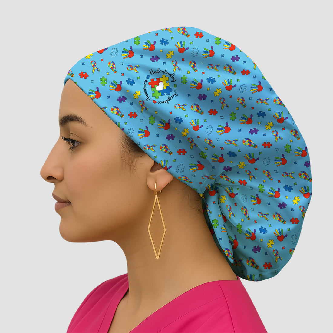 Autism Awareness Colorful Puzzle Pattern Print Cap, Bouffant Scrub Caps for Women