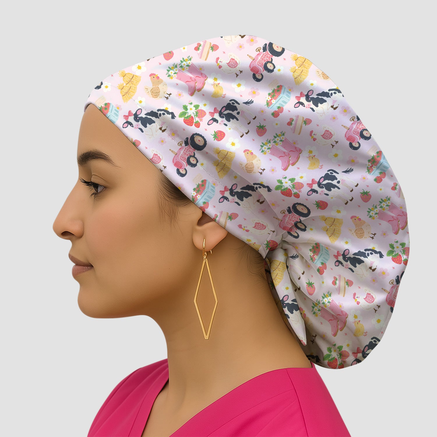 Cute Farm Animals & Strawberry Garden Pattern Nurse Scrub Cap, Surgical Caps for Doctors