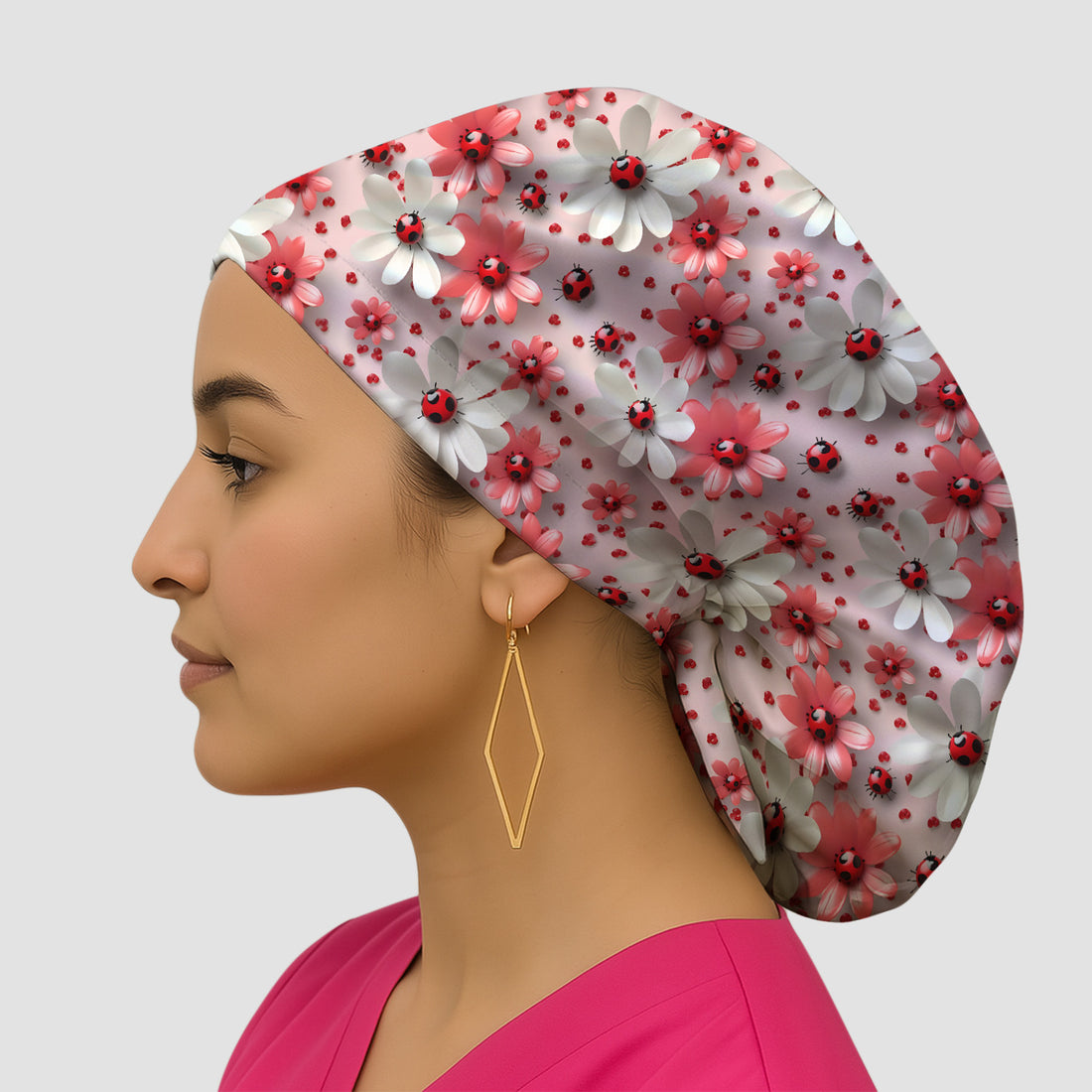 Red Ladybug Flower Pattern Scrub Cap, Bouffant Scrub Caps for Women