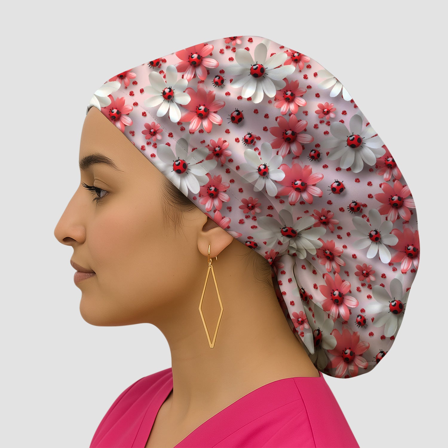 Red Ladybug Flower Pattern Scrub Cap, Bouffant Scrub Caps for Women