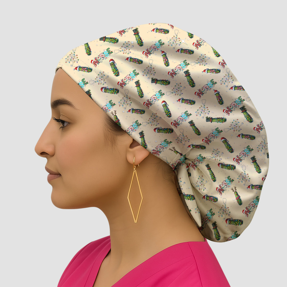 Christmas Nurse Scrub Cap with Buttons - Funny Pickle Holiday Surgical Hat for Women - Medical Bouffant Cap Long Hair