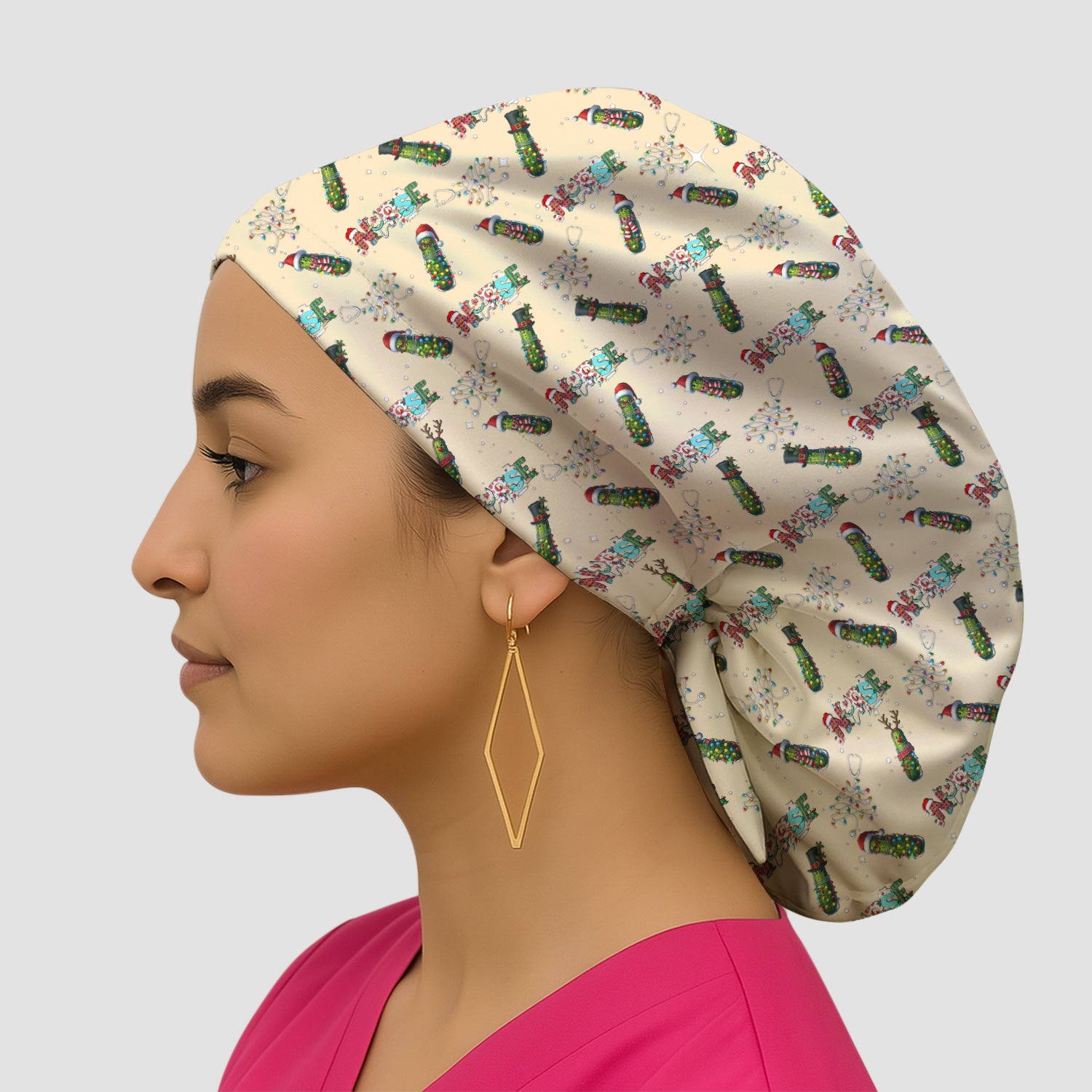 Christmas Nurse Scrub Cap with Buttons - Funny Pickle Holiday Surgical Hat for Women - Medical Bouffant Cap Long Hair