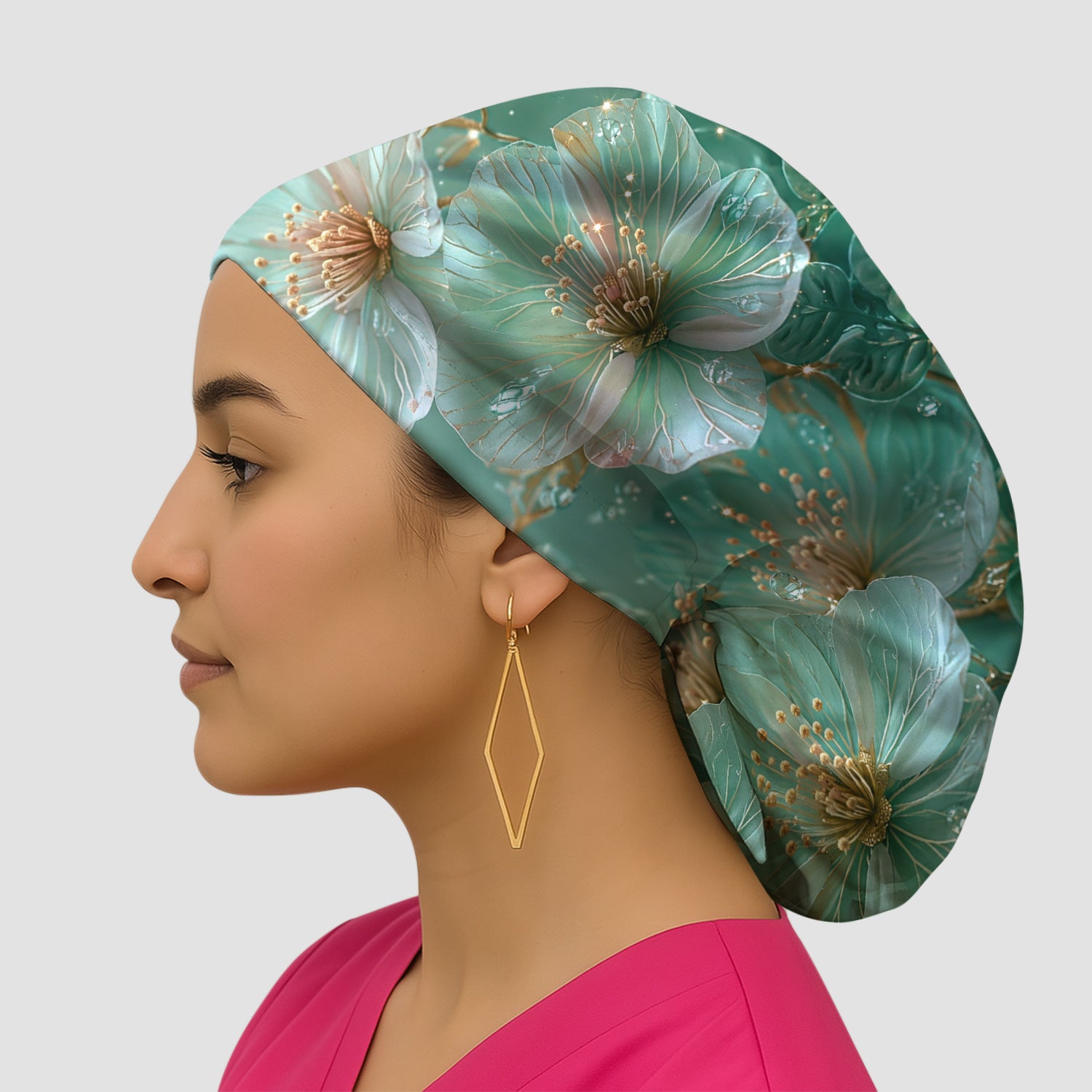 Elegant Mint Blossom Dewdrop Pattern Scrub Cap, Surgical Caps for Doctors
