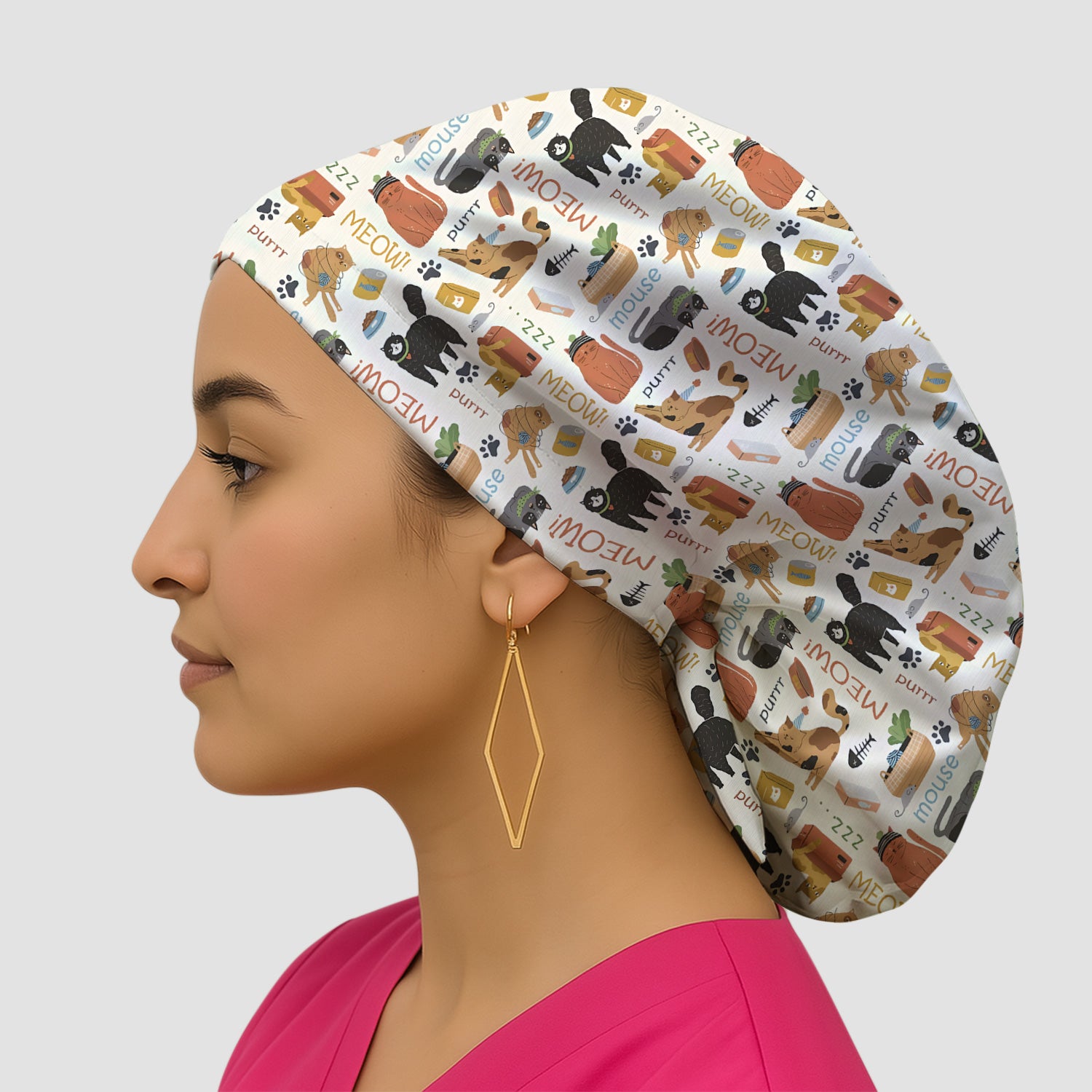 Meow Purr Cat Life Print Scrub Cap, Bouffant Scrub Caps for Women
