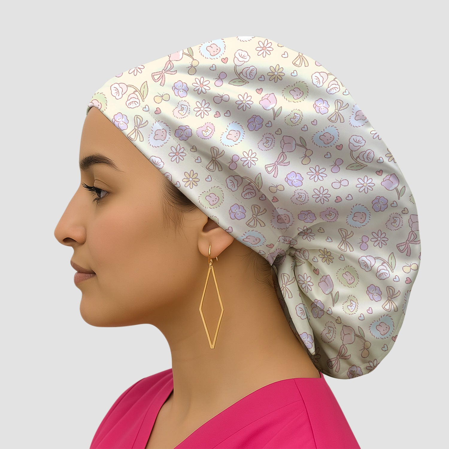 Pastel Bunny Flower Heart Pattern Nurse Scrub Cap, Surgical Caps for Doctors