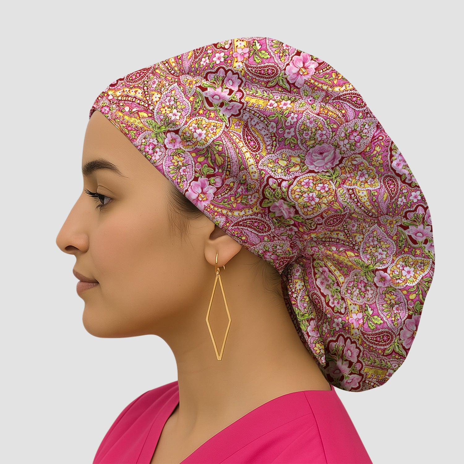 Pink Floral Paisley Blossom Print Scrub Cap, Bouffant Scrub Caps for Women