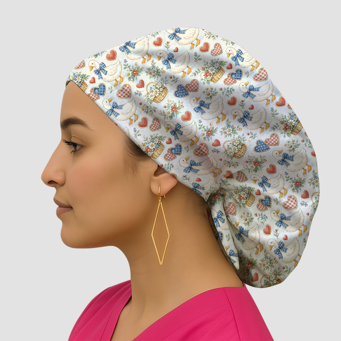 Cute Duck Heart Floral Nurse Pattern Scrub Cap, Bouffant Scrub Caps for Women