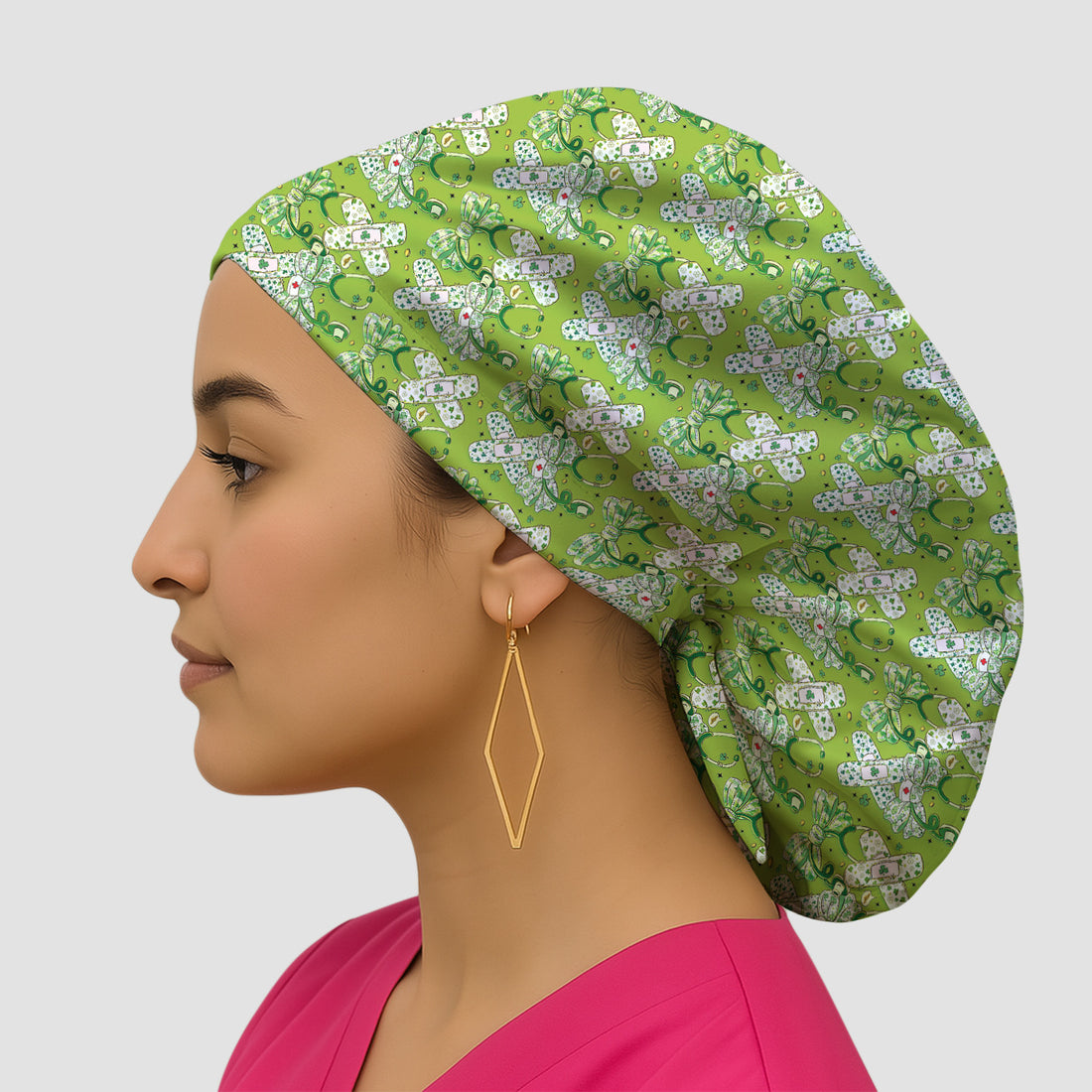 St Patrick Shamrock Stethoscope Bow Print Cap, Bouffant Scrub Caps for Women