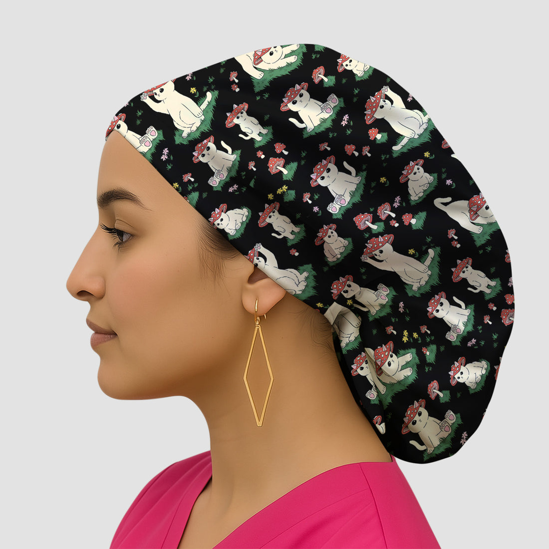 Cute Mushroom Cat Pattern Scrub Cap, Bouffant Scrub Caps for Women