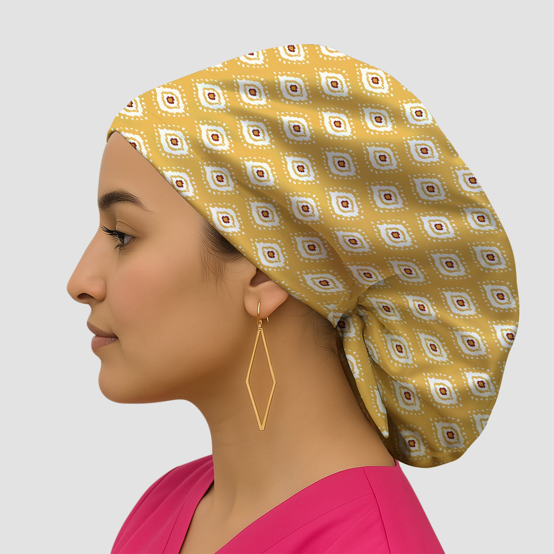 Cute Mustard Geometric Ikat Nurse Pattern Scrub Cap, Bouffant Scrub Caps for Women