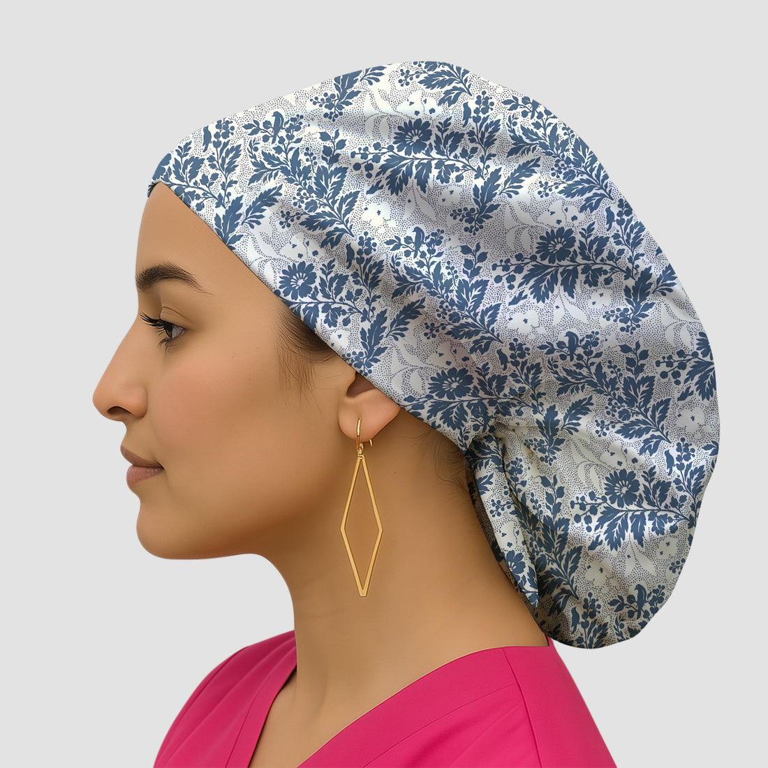 Cute Blue Floral Botanical Nurse Pattern Scrub Cap, Bouffant Scrub Caps for Women
