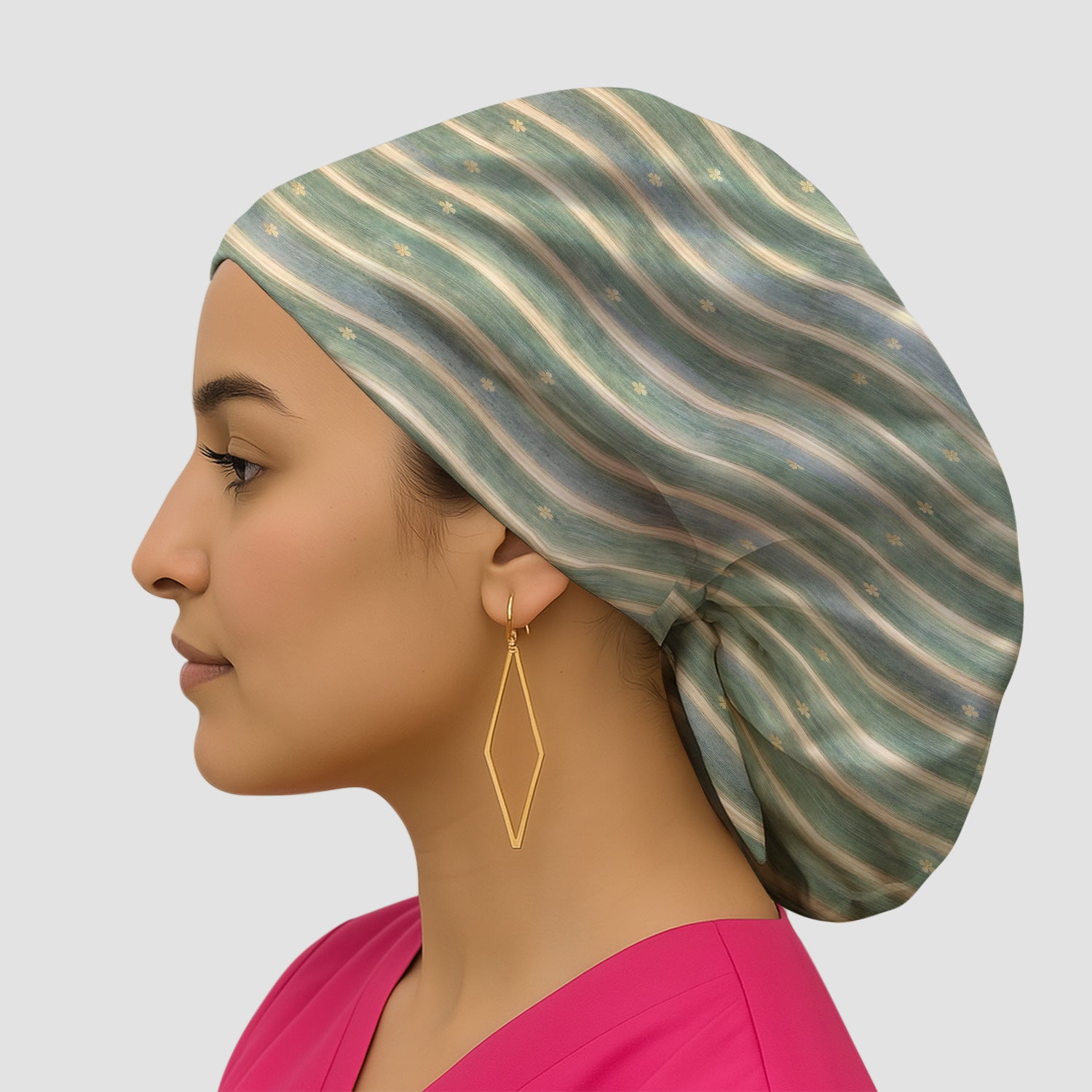 Charming Nurse Green Vertical Stripe Small Floral Pattern Scrub Cap, Bouffant Scrub Caps for Women