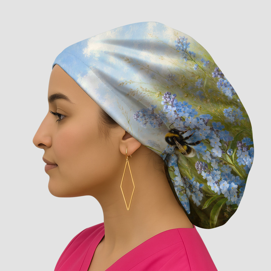 Whimsical Bumblebee Blue Blossom Pattern Scrub Cap, Surgical Caps for Doctors