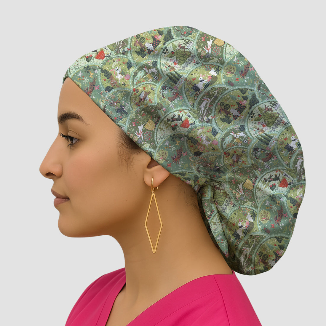 Whimsical Garden Scene Rabbit Scrub Cap, Vintage Pastoral Surgical Hat