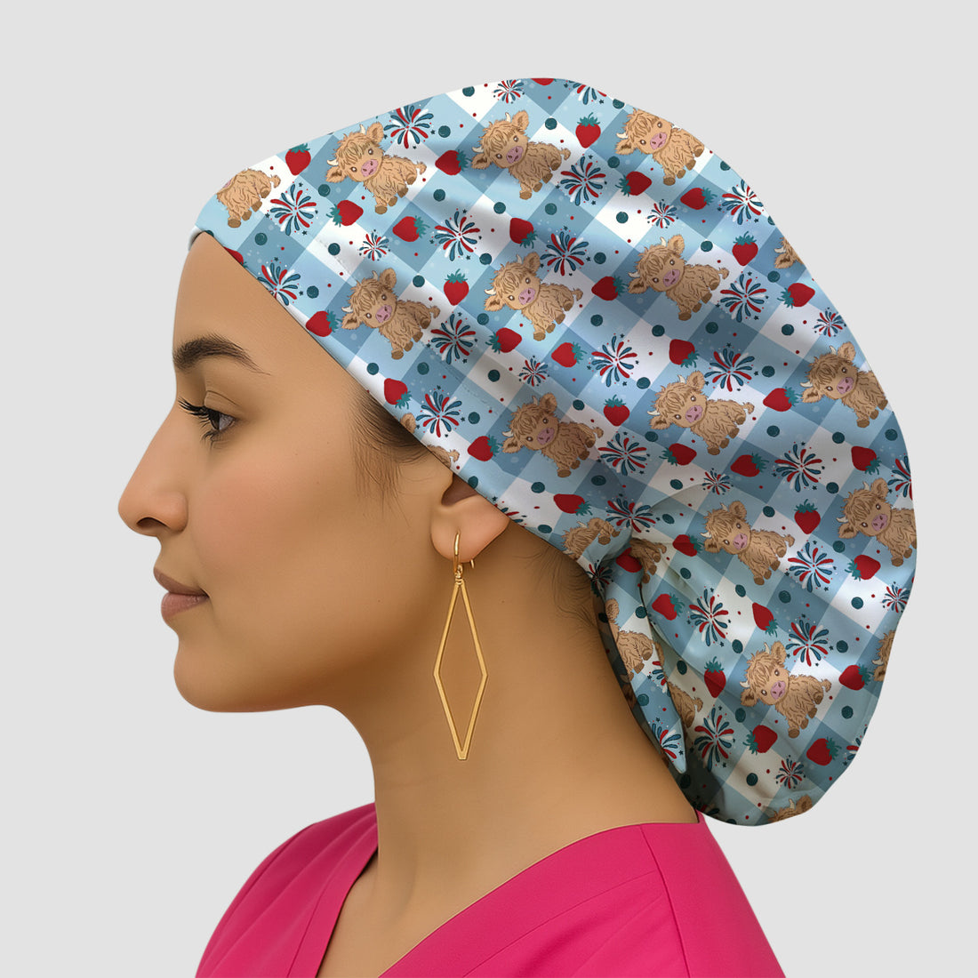 Highland Cow Strawberry Firework Gingham Pattern Nurse Scrub Cap, Surgical Caps for Doctors