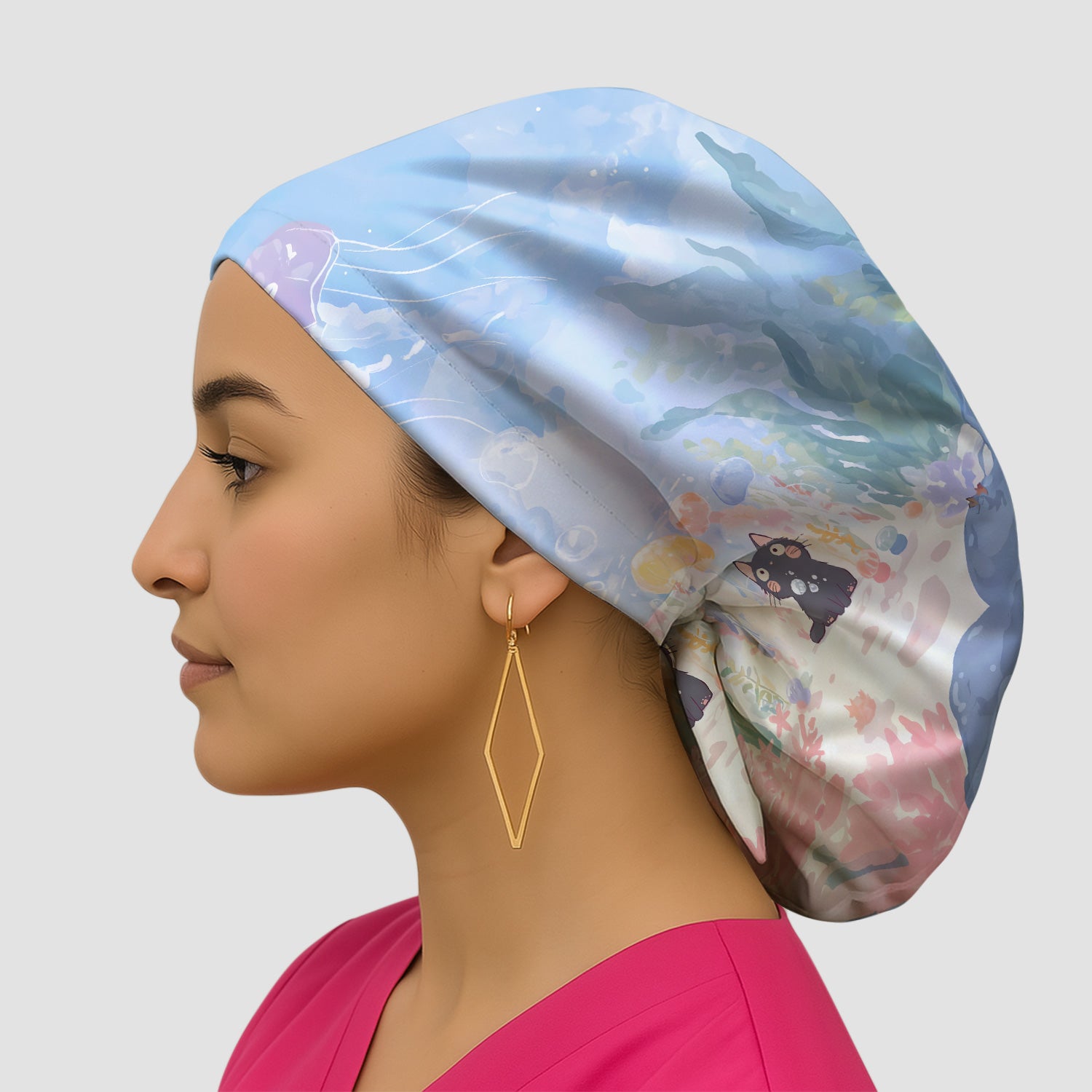 Cute Underwater Black Cat Jellyfish Pattern Surgical Cap, Breathable Fabrics Caps Uniform