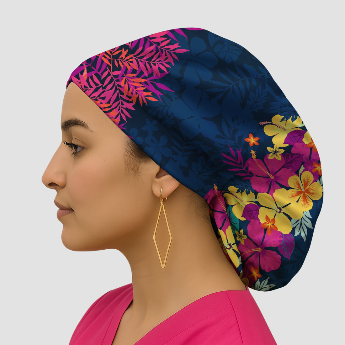 Tropical Hibiscus Palm Leaf Pattern Scrub Cap, Surgical Caps for Doctors