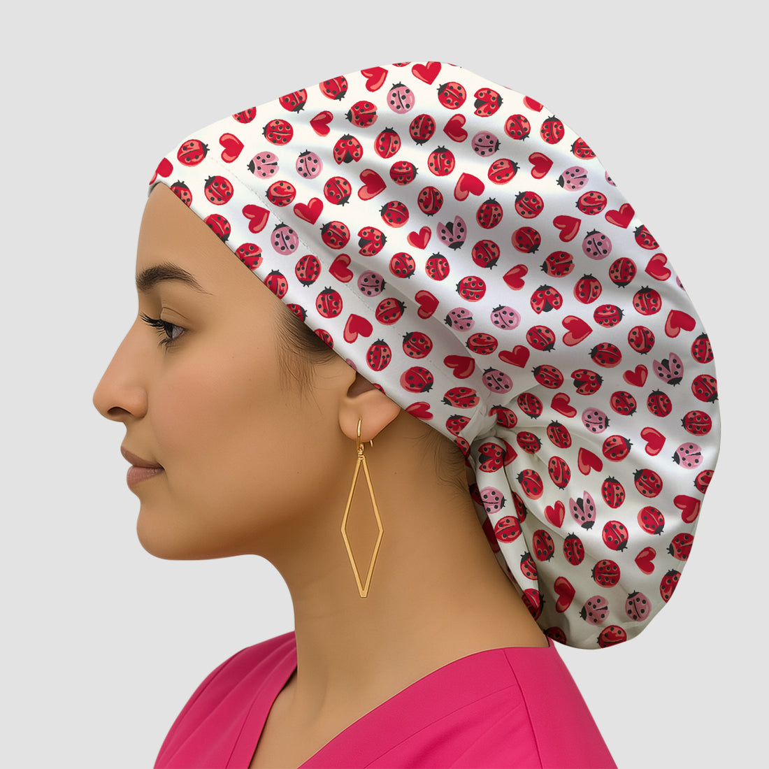 Cute Ladybug and Red Heart All Over Print Cap, Bouffant Scrub Caps for Women