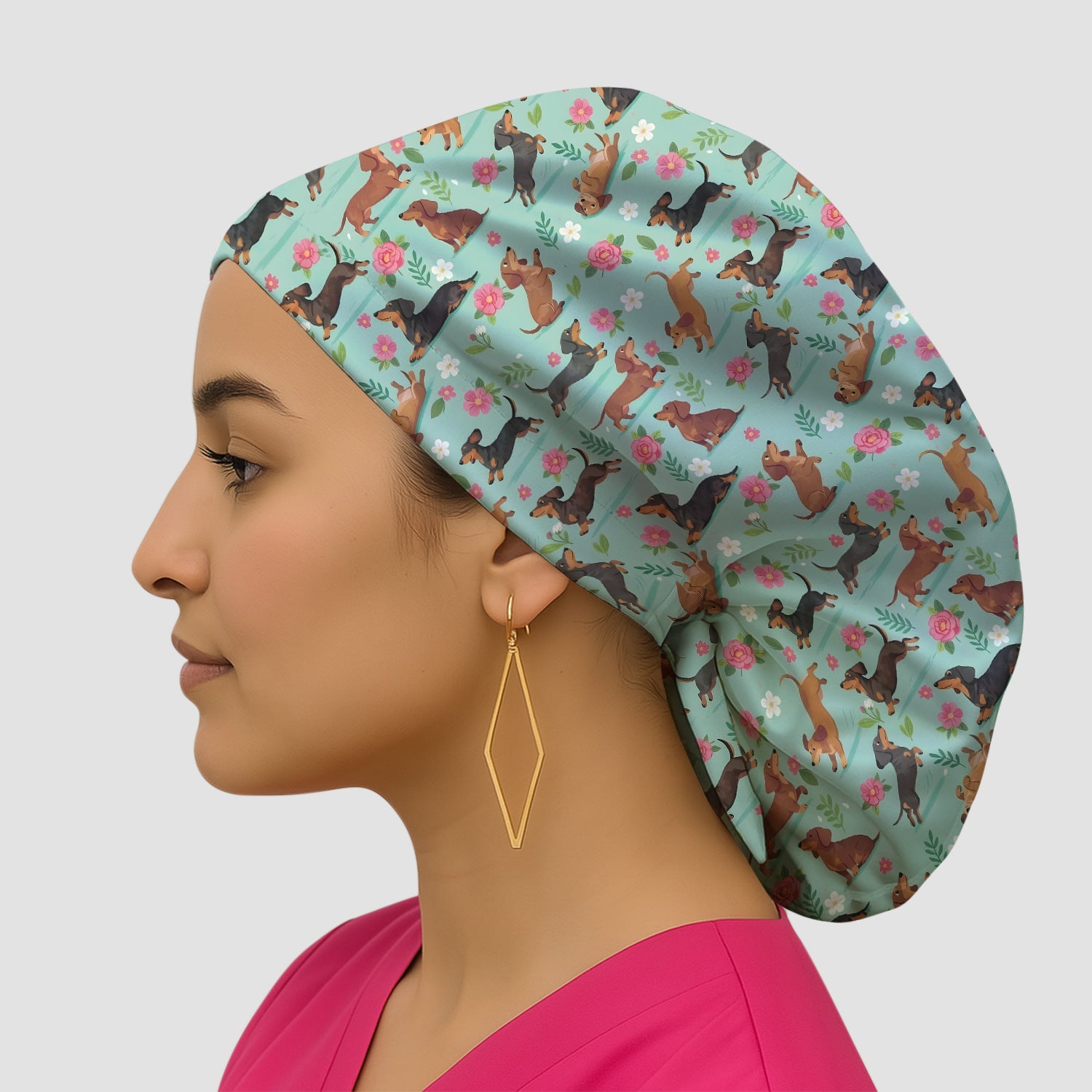 Cute Floral Dachshund Puppy Pattern Scrub Cap, Surgical Caps for Doctors