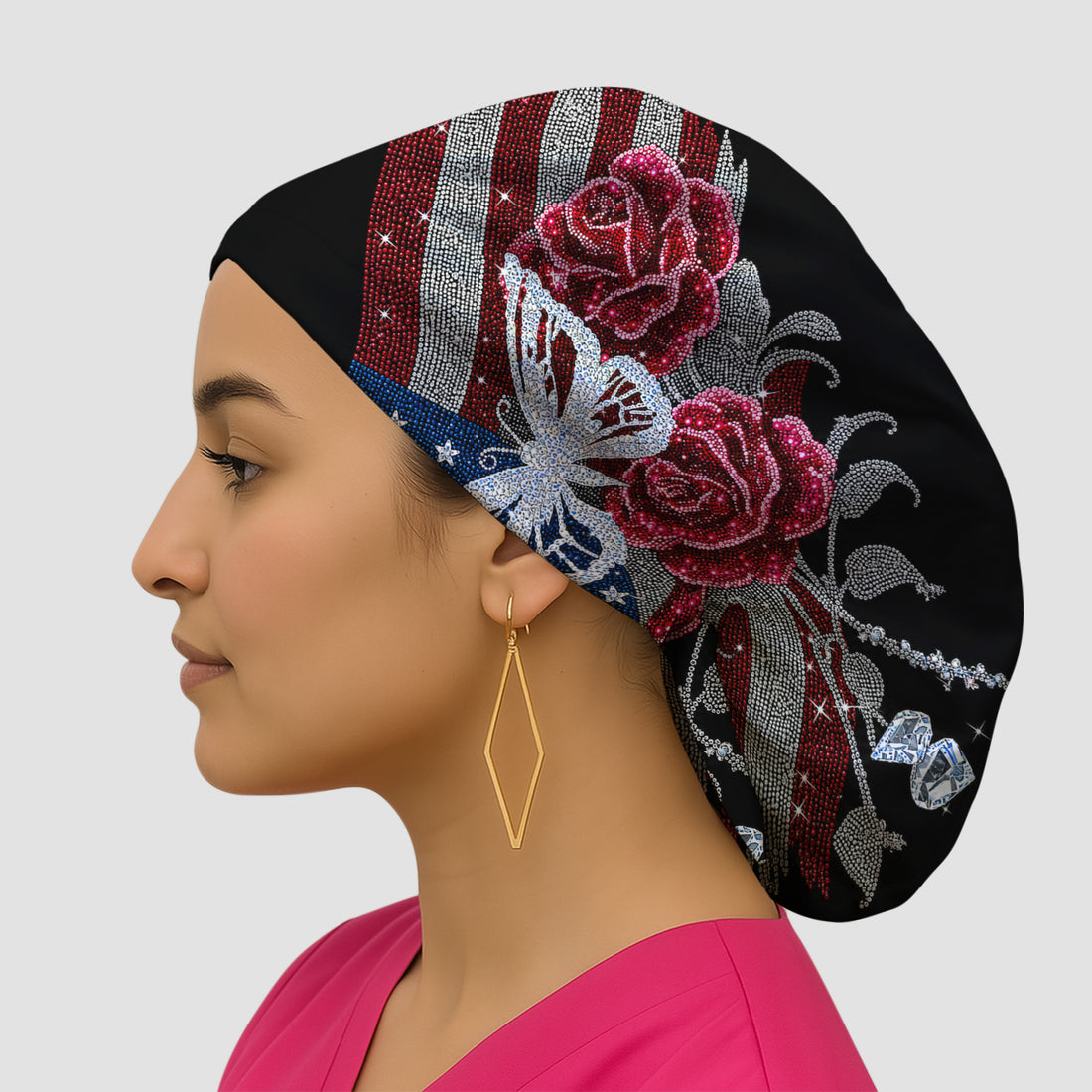 Patriotic Butterfly Rose Flag Print Scrub Cap, Surgical Caps for Doctors