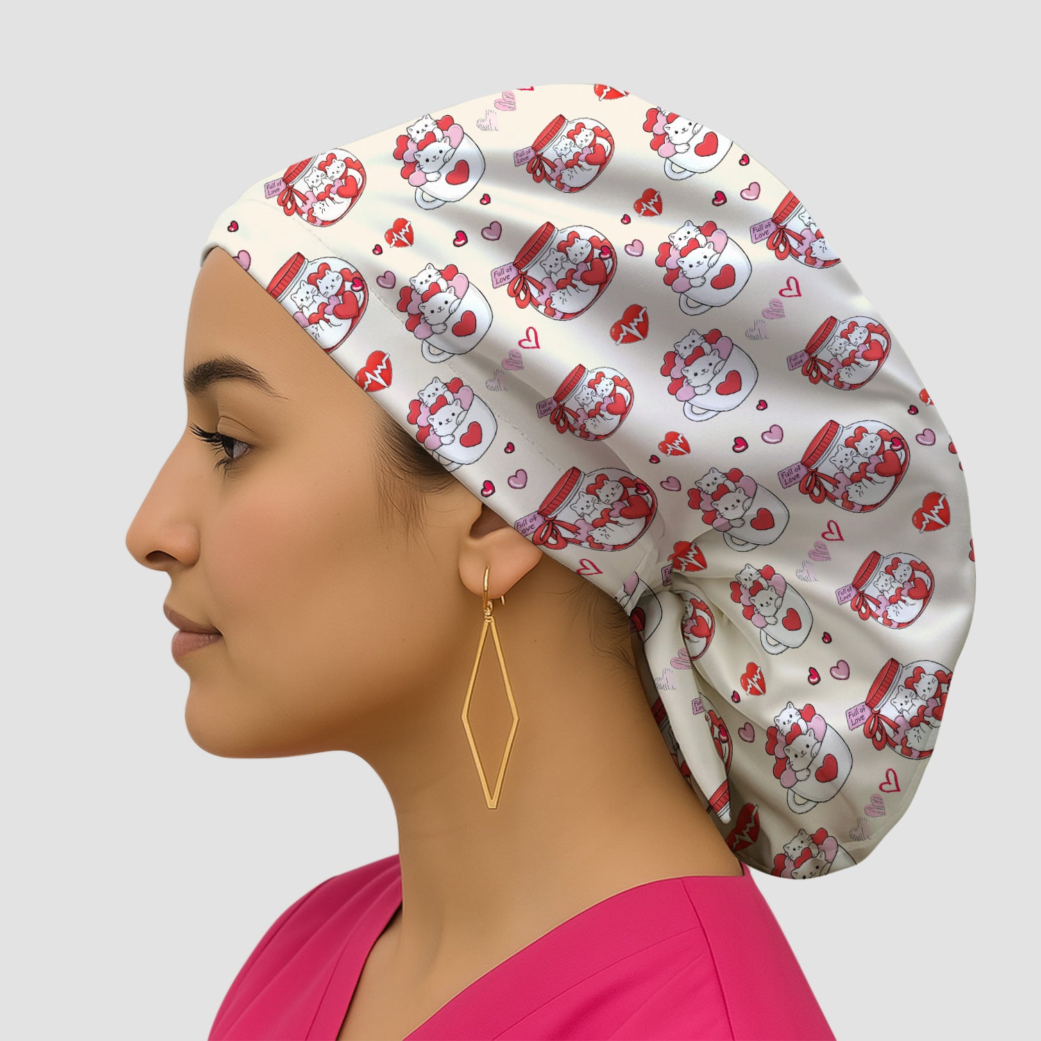 Cute Cat Valentine Nurse Scrub Cap, Bouffant Scrub Caps for Women