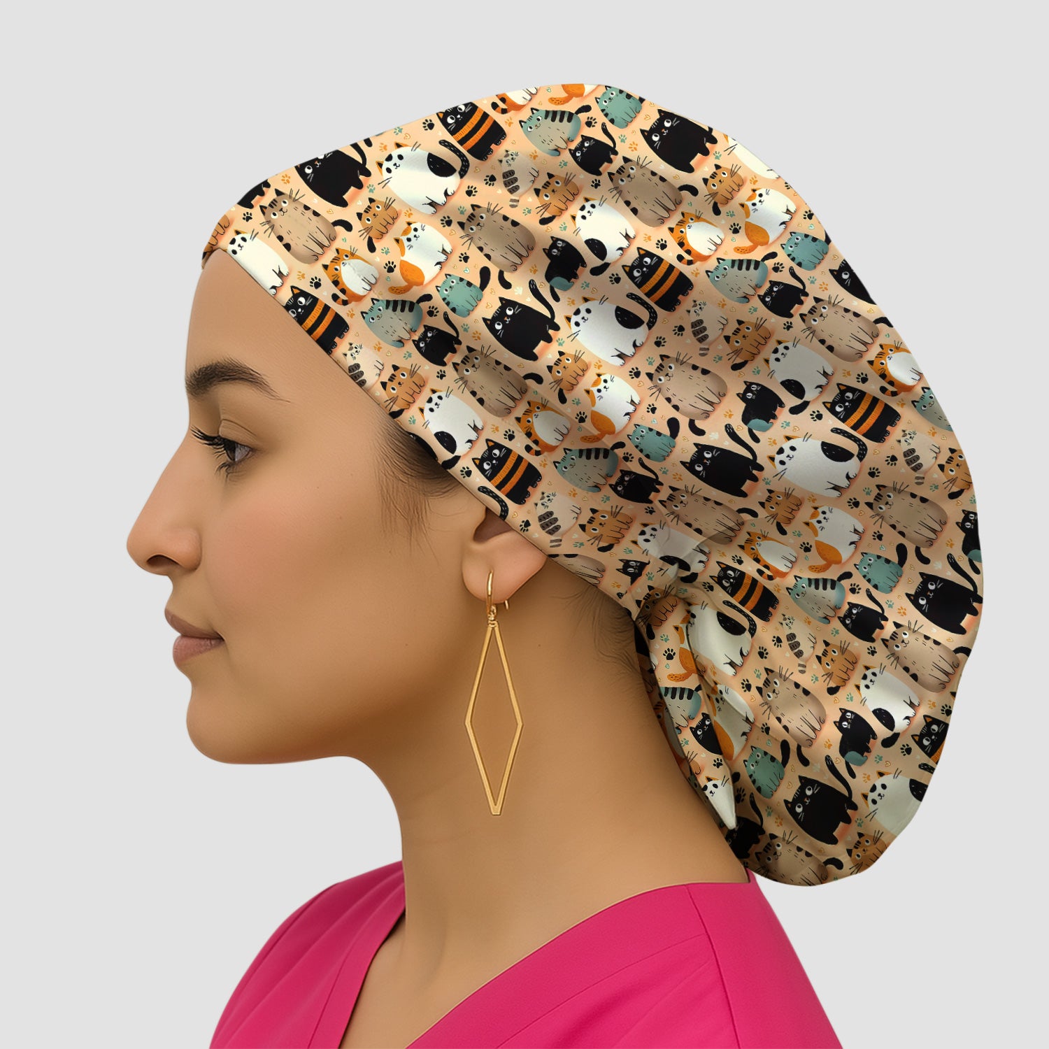 Cat Parade Doodle Pattern Scrub Cap, Bouffant Scrub Caps for Women
