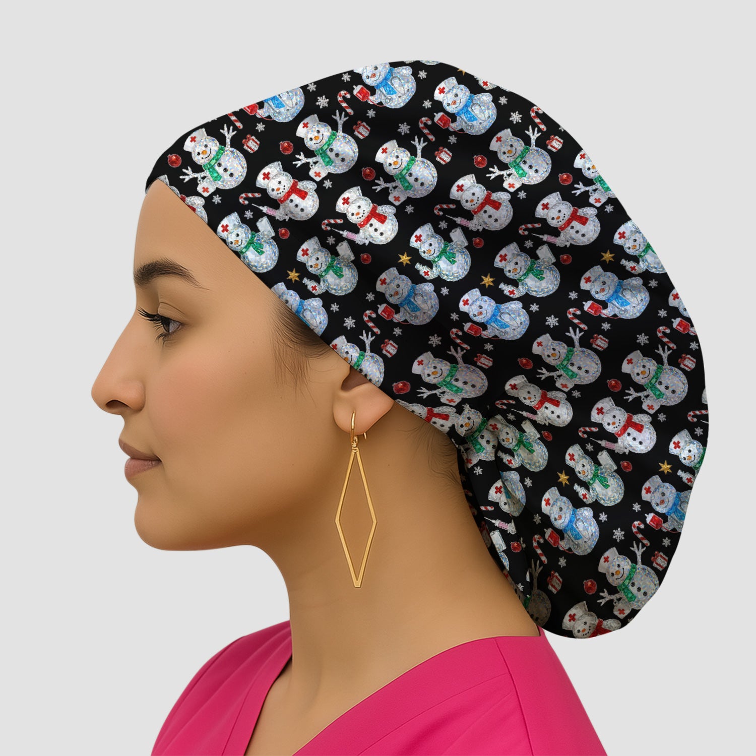 Nurse Snowman Christmas Scrub Cap, Cute Holiday Medical Pattern Hat For Women, Winter Snowflake Nursing Uniform