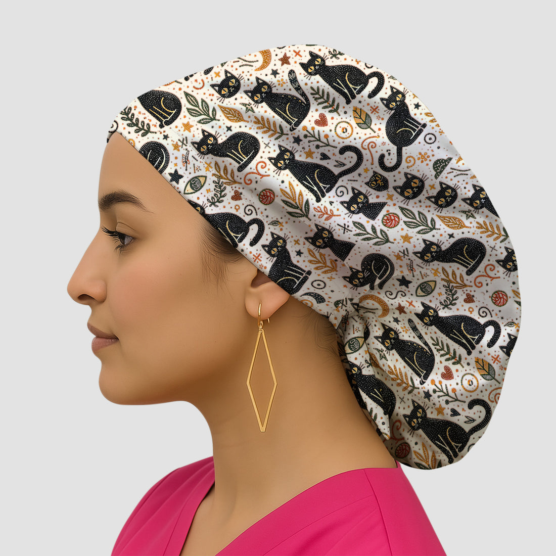 Mystic Black Cat Celestial Doodle Pattern Cap, Bouffant Scrub Caps for Women