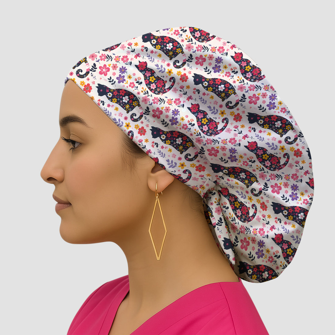 Floral Cat Silhouette Spring Garden Pattern Scrub Cap, Breathable Fabrics Caps Uniform