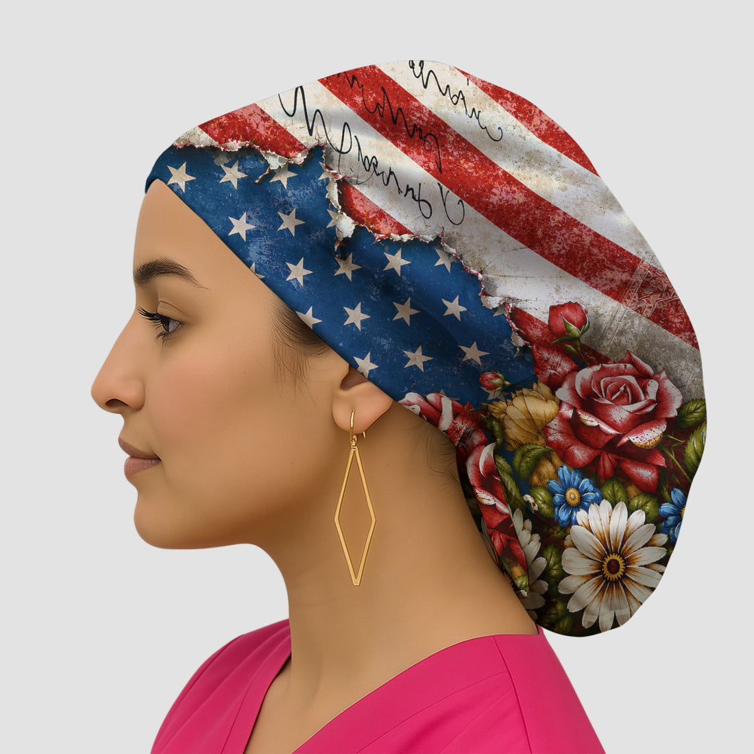 American Flag Vintage Rose Floral Pattern Scrub Cap, Surgical Caps for Doctors