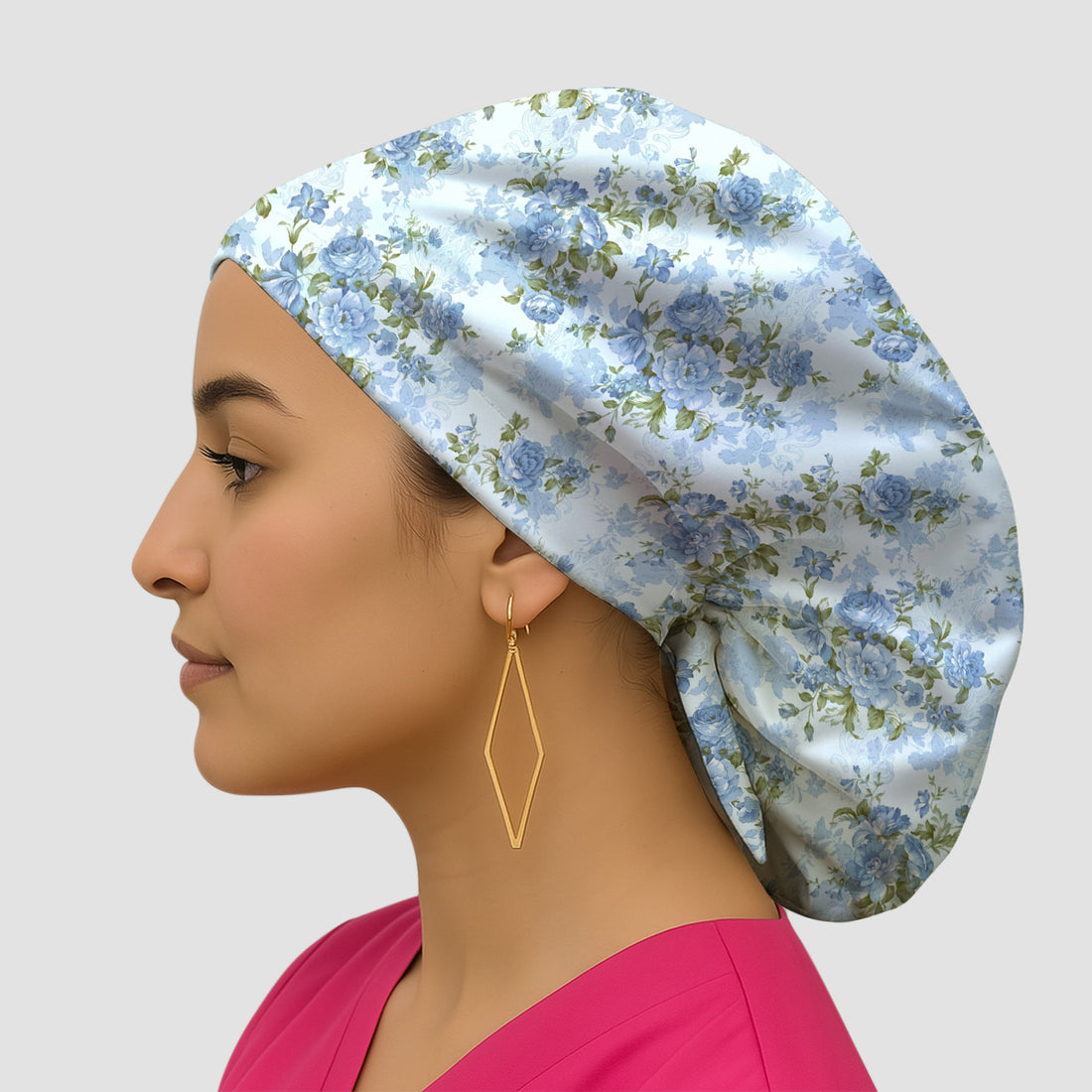 Cute Blue Floral Pattern Scrub Cap, Breathable Fabrics Caps Uniform