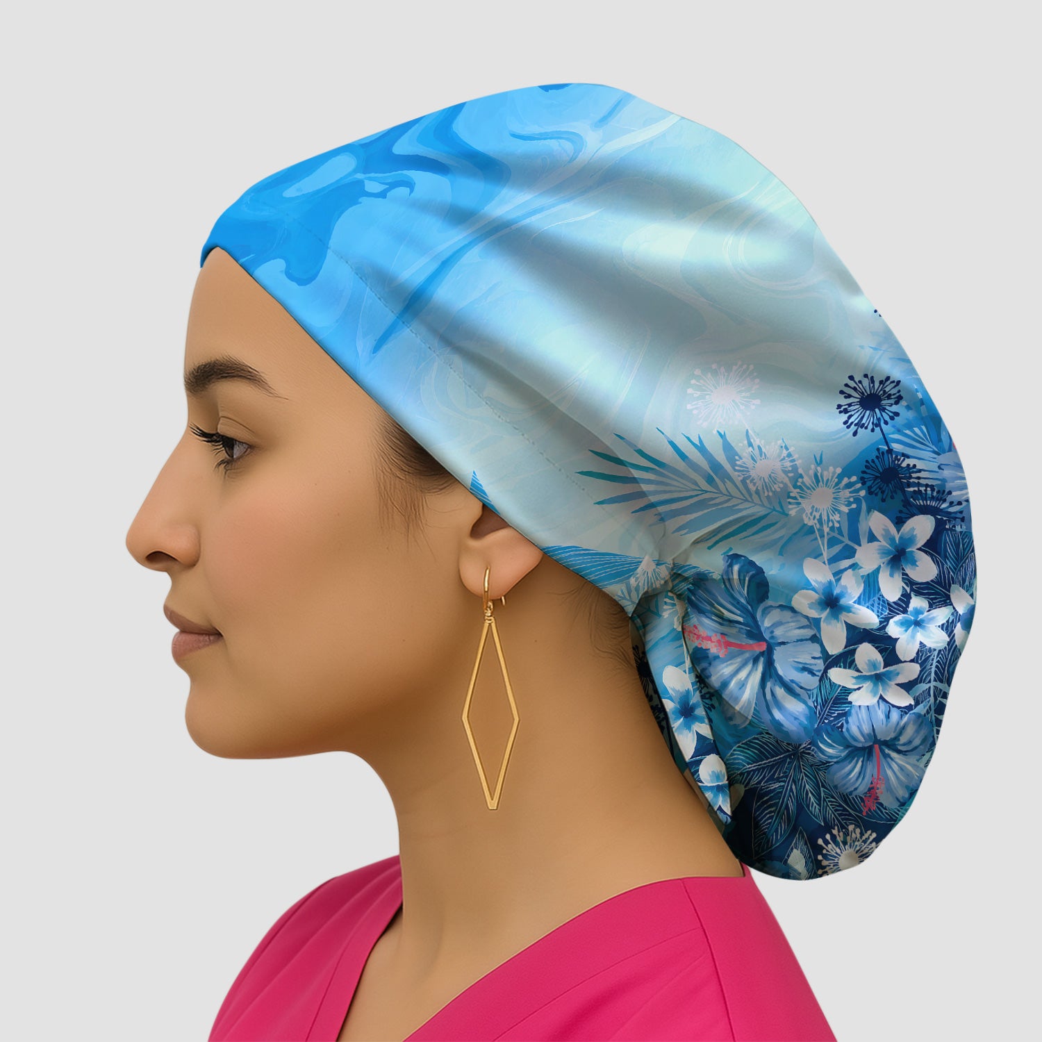 Elegant Blue Tropical Floral Pattern Scrub Cap, Surgical Caps for Doctors