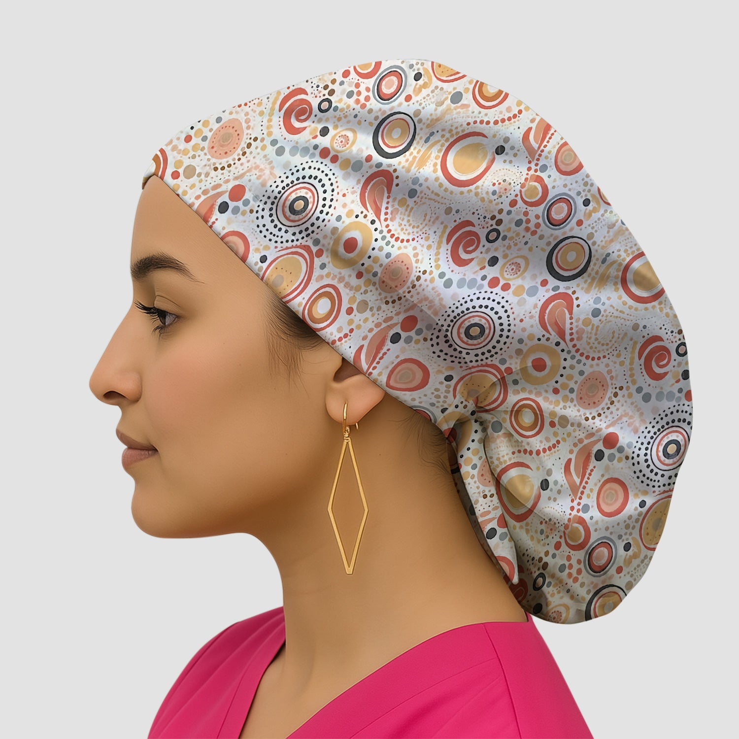 Abstract Earth Tone Dot Circle Pattern Cap, Bouffant Scrub Caps for Women