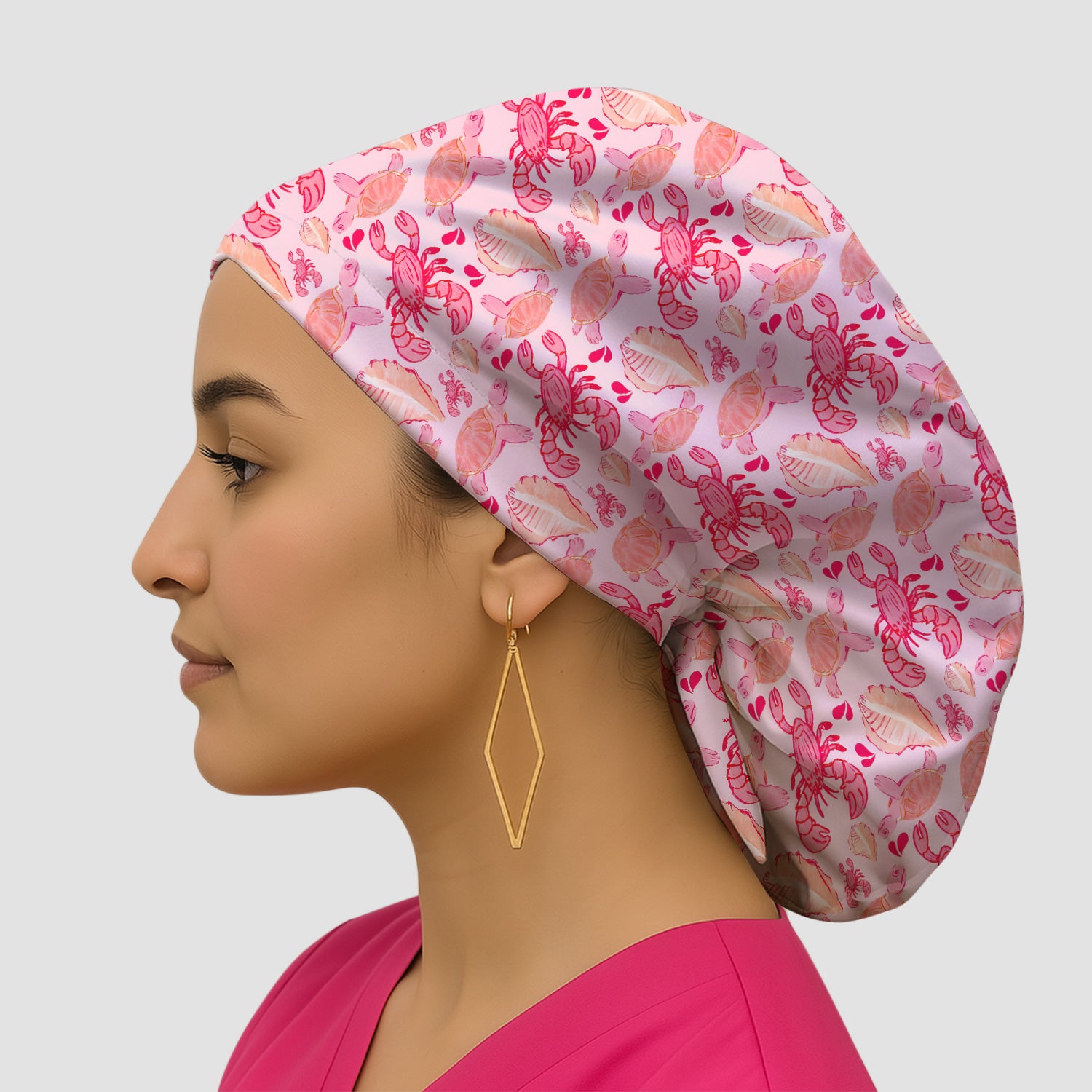 Pink Sea Turtle Lobster Shell Pattern Scrub Cap, Bouffant Scrub Caps for Women