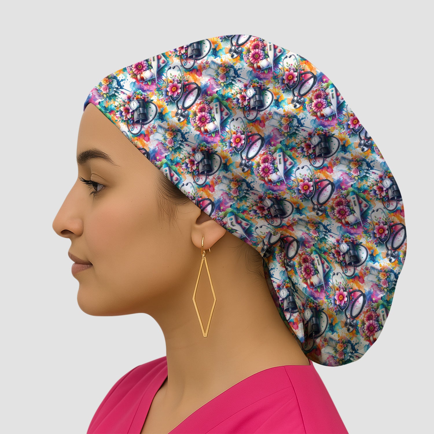Colorful Medical Tools Floral Pattern Nurse Scrub Cap, Surgical Caps for Doctors