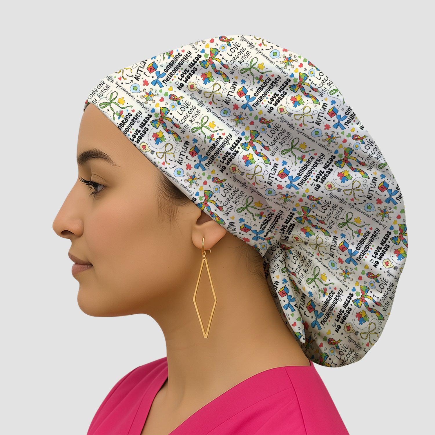 Autism Awareness Puzzle Ribbon Pattern Print Cap, Bouffant Scrub Caps for Women