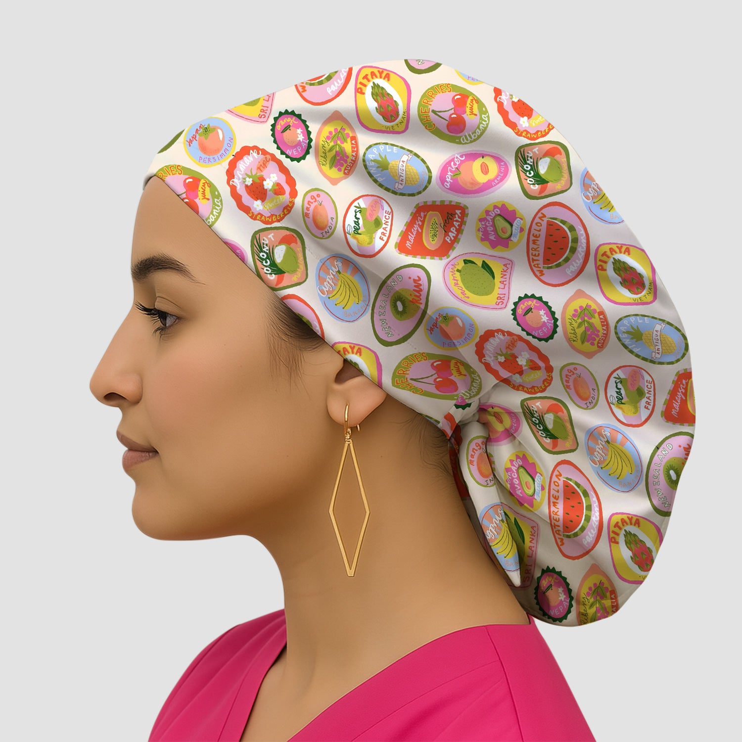 Summer Colorful Fruit Sticker Pattern Scrub Cap, Breathable Fabrics Caps Uniform