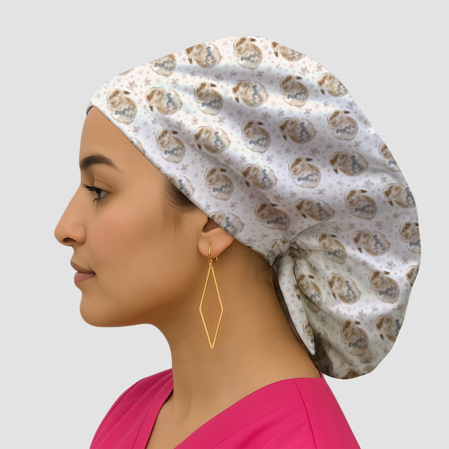 Cute Sleeping Bunny Floral Meadow Pattern Nurse Scrub Cap, Surgical Caps for Doctors