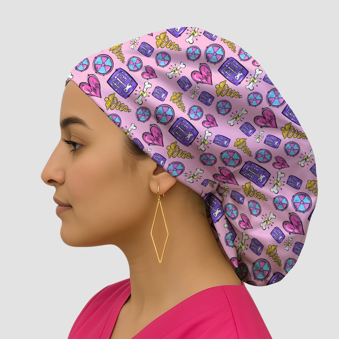 Sassy Nurse Heart Bone Caduceus Xray Icon Print Scrub Cap, Surgical Caps for Doctors