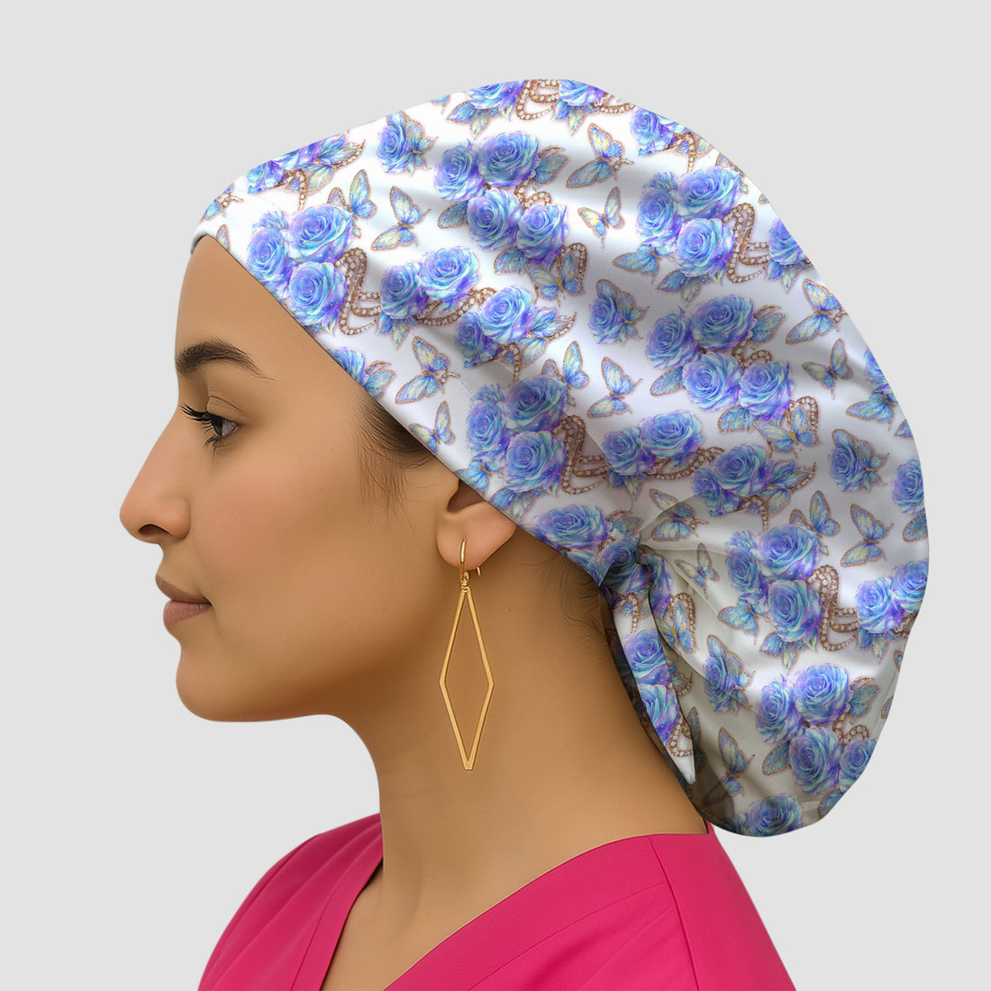 Elegant Blue Rose Floral Scrub Cap, Comfortable Bouffant Cap for Nurses