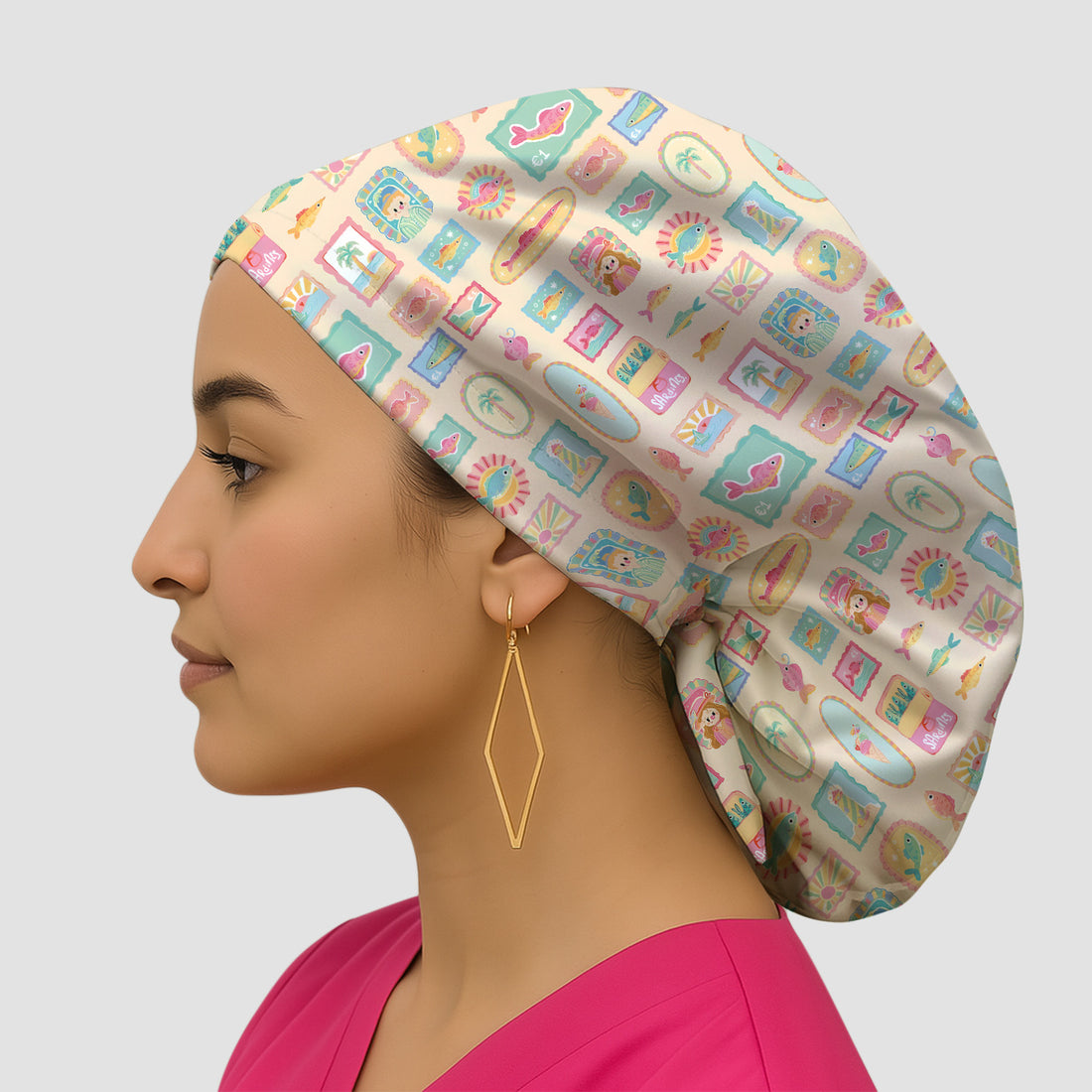 Coastal Vintage Postage Stamp Pattern Scrub Cap, Bouffant Scrub Caps for Women