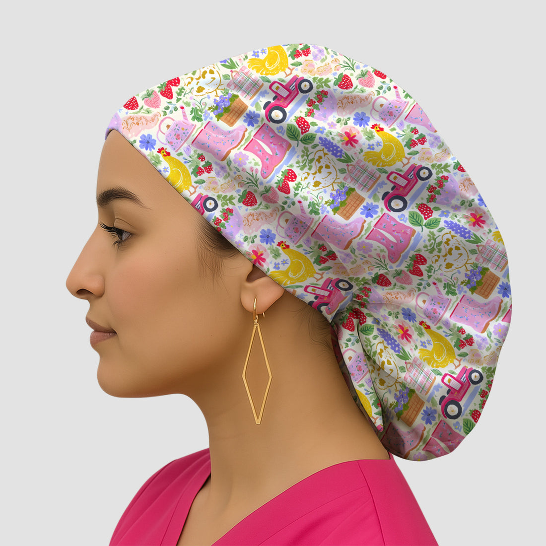 Cute Farm Garden Chicken Pattern Scrub Cap, Bouffant Scrub Caps for Women