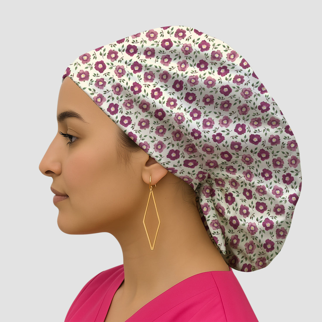 Purple Floral Blossom Leaf Pattern Scrub Cap, Bouffant Scrub Caps for Women