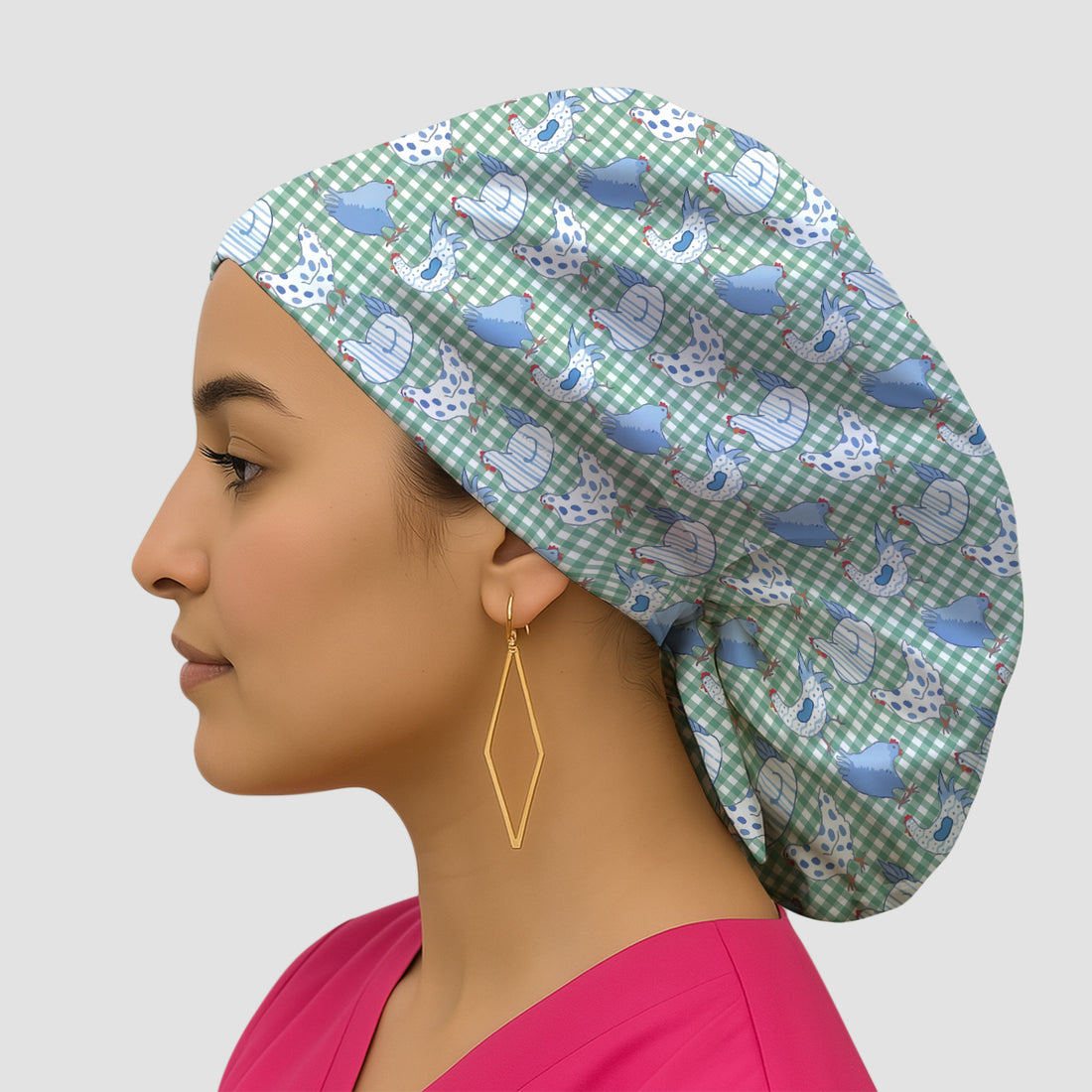 Blue Chicken Gingham Pattern Scrub Cap, Bouffant Scrub Caps for Women