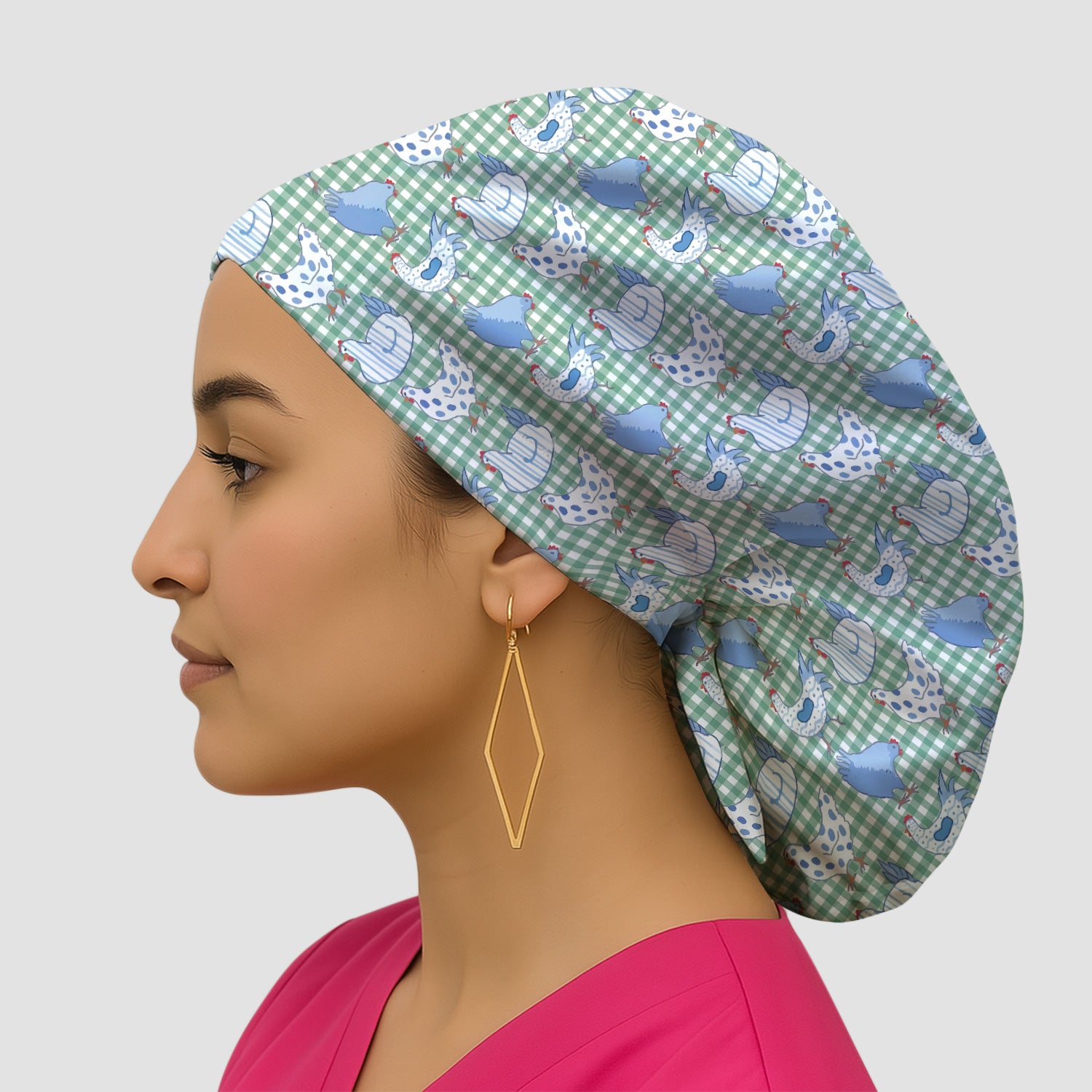 Blue Chicken Gingham Pattern Scrub Cap, Bouffant Scrub Caps for Women
