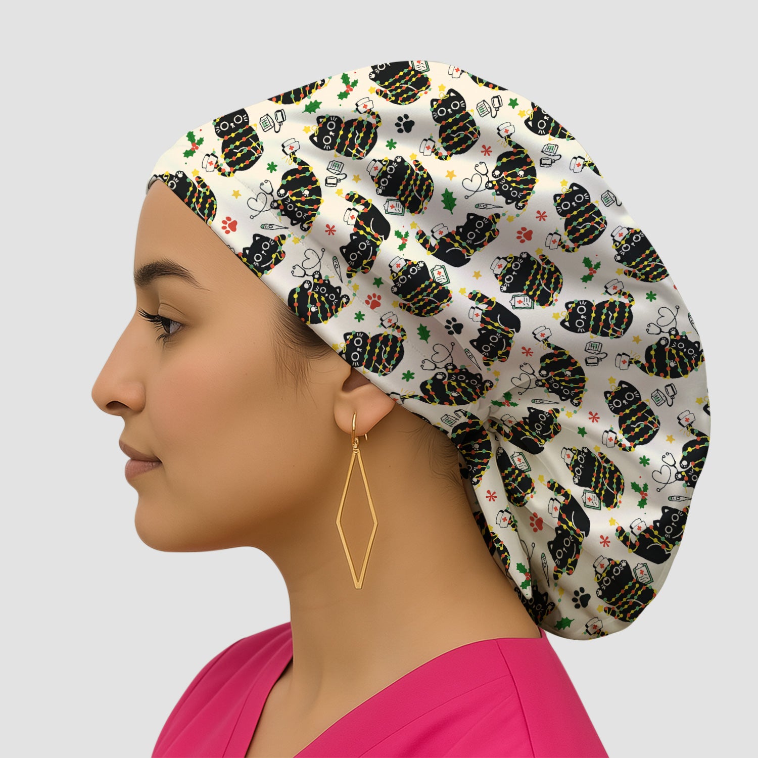 Black Cat Christmas Scrub Cap – Nurse & Holiday Lights Pattern Cap – Cute Medical Uniform For Nursing
