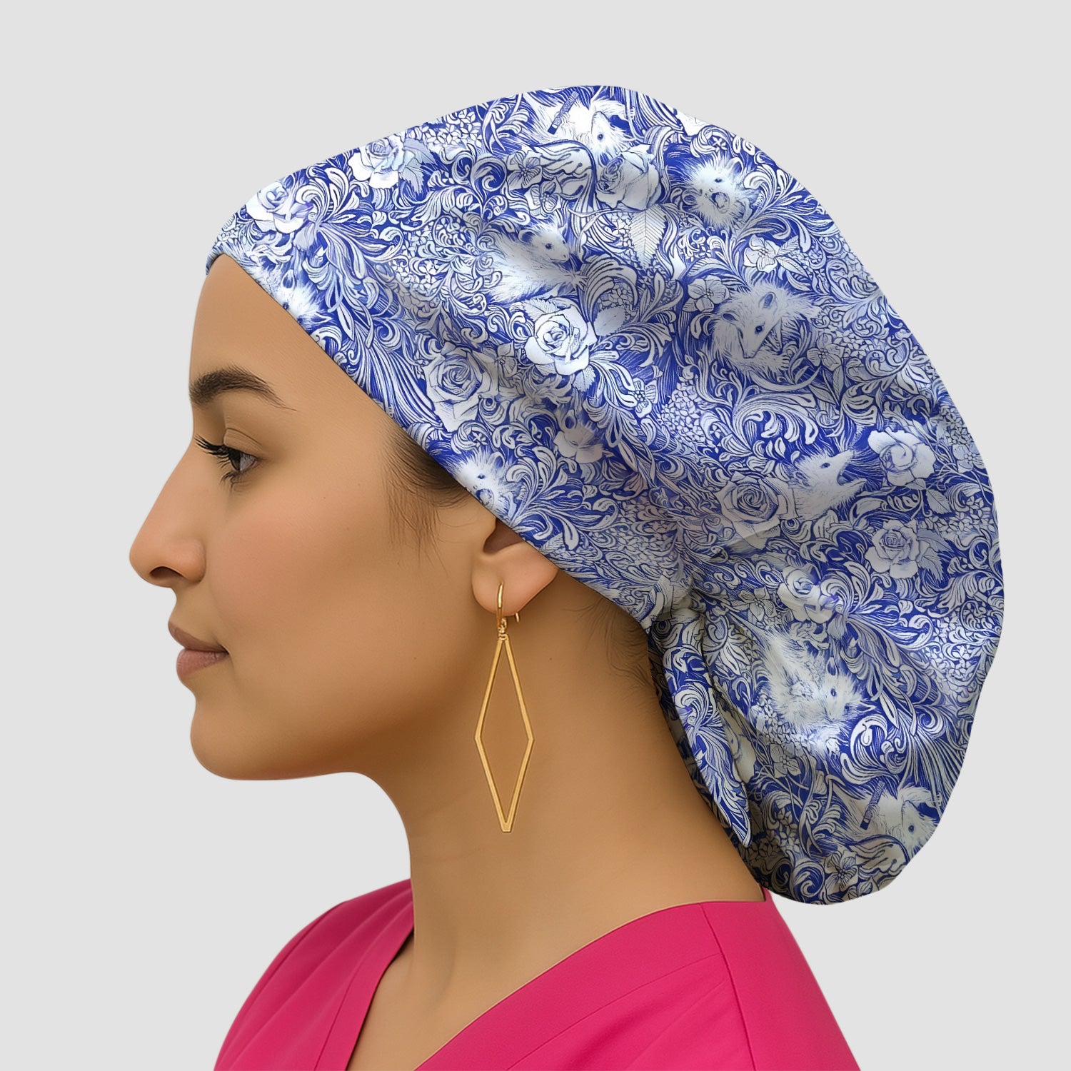Blue Toile Porcupine Floral Pattern Scrub Cap, Breathable Fabrics Caps Uniform