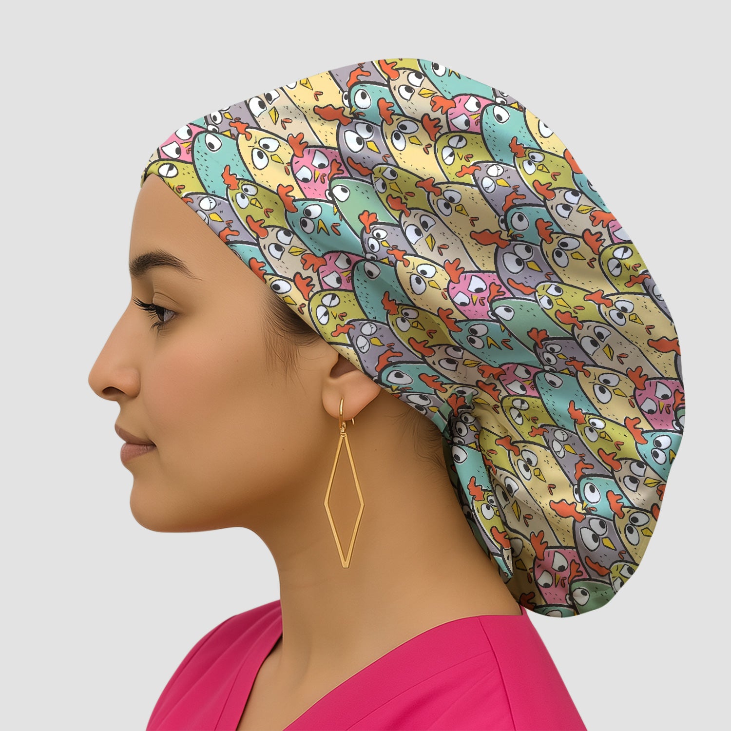 Funny Cartoon Chicken Crowd Pattern Scrub Cap, Bouffant Scrub Caps for Women