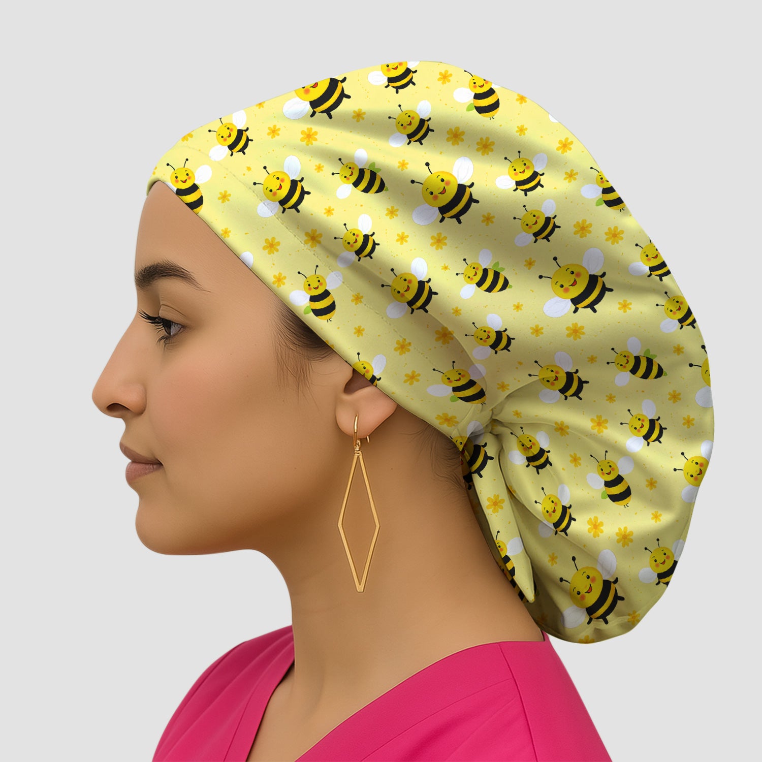 Cute Smiling Bee Yellow Floral Print Caps, Surgical Caps for Doctors